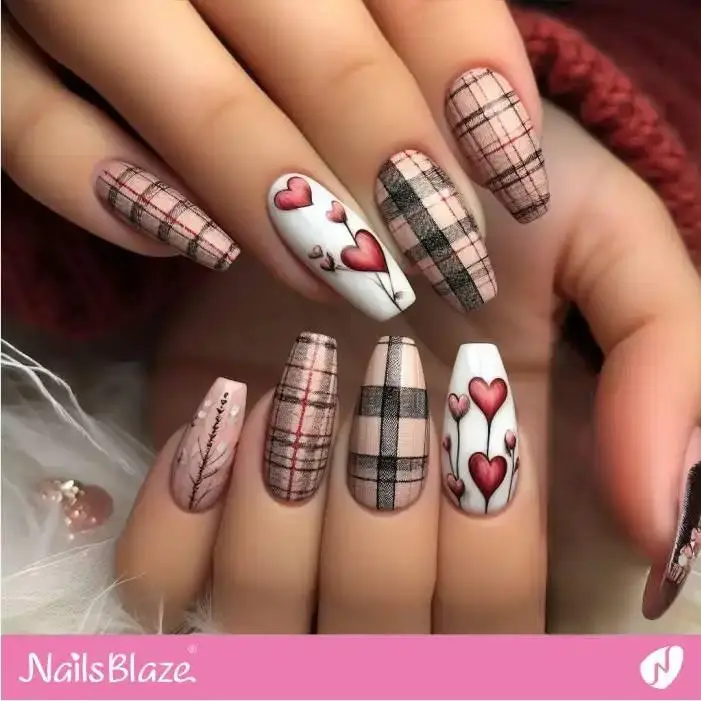 Brown Tartan Matte Nails with Hearts | Valentine Nails - NB2328